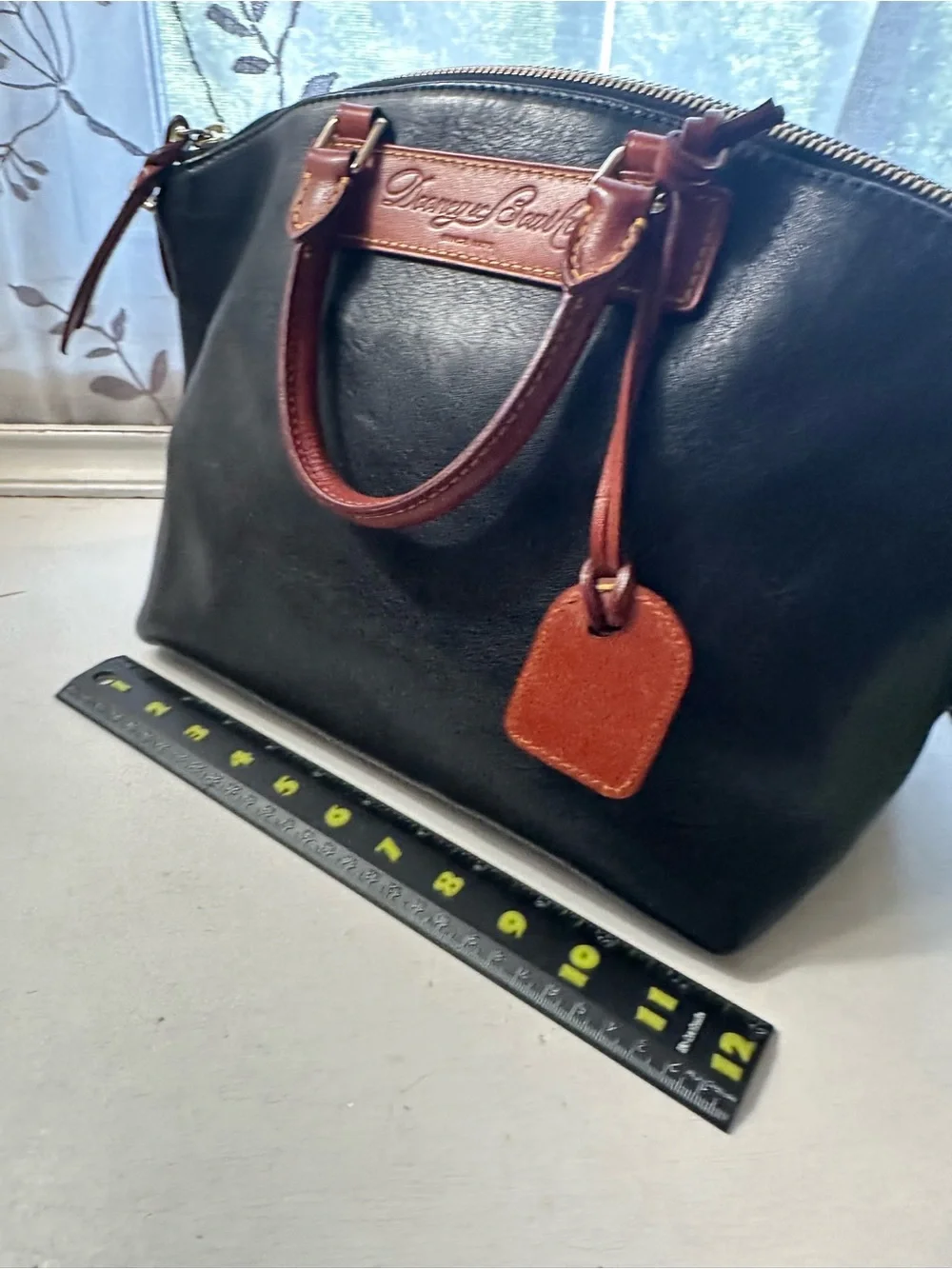 Dooney & Bourke Black Florentine Vacchetta Leather Dillen II Satchel w/Brass Tag